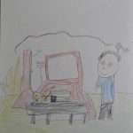 A child's drawing depicting a person standing next to a red vehicle with a dog inside and a "Pet Stop" sign on it, set in a grassy area.