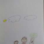 A child's drawing featuring two people and a cat outdoors with a tree, clouds, and the sun. Simple artistic style indicating a young artist.
