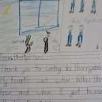 Child's drawing of a gift, two persons "me" and "agent", three labeled "firefighters," with handwritten thank you note for visit to Thornydale.