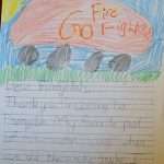 A child's drawing of a red fire truck with "Fire Go Fighters!" written atop. Below, a handwritten note expresses gratitude to firefighters, mentioning a visit and a smoke trailer.