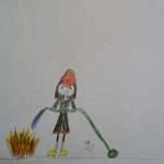 Child's drawing depicting a person with a firefighter's helmet holding a hose, with water putting out a fire, and a dog standing nearby.