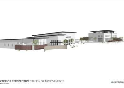 Architectural rendering of a modern fire station with flat roofs, brick elements, and large windows. Trees and landscape enhance the building's exteriors.