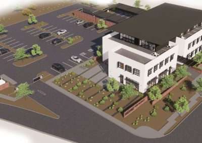 This is a 3D architectural rendering of a modern, two-story building complex with a parking lot, landscaping, trees, and vehicles.