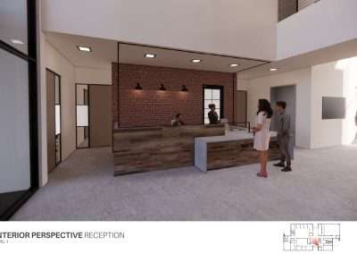This image is a 3D rendering of a modern reception area with exposed brick walls, a wooden reception desk, and three people present.